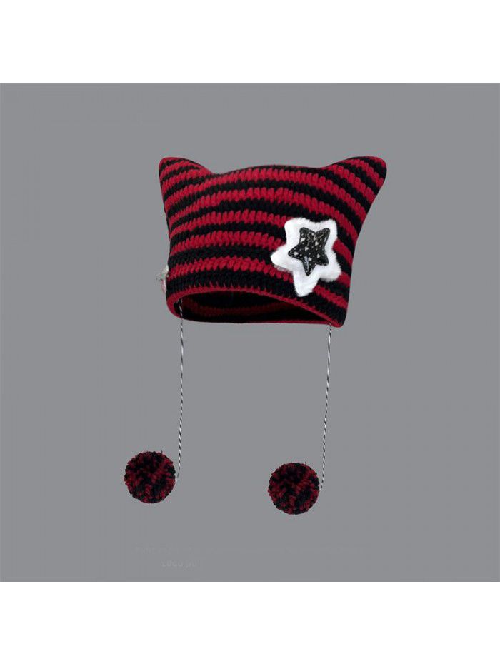 Five star cat ears striped Demon thermal pullover hat Knitted ball ball wool hat