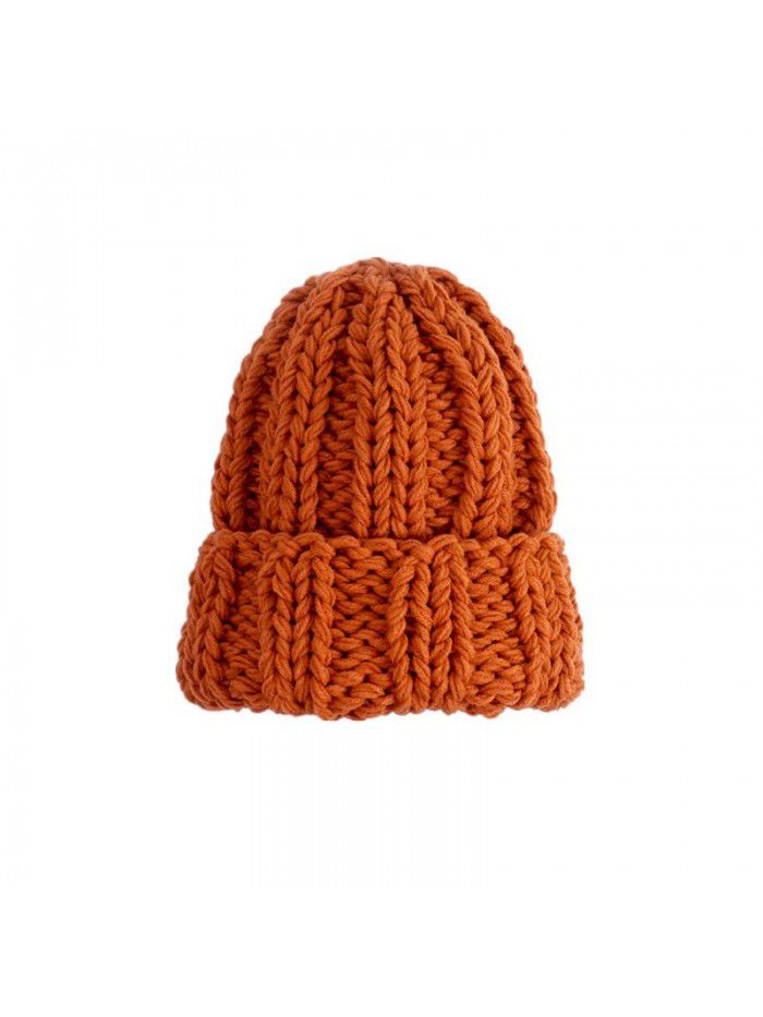 Knit hat women's winter solid color simple coarse woolen hat warm ear protection hat