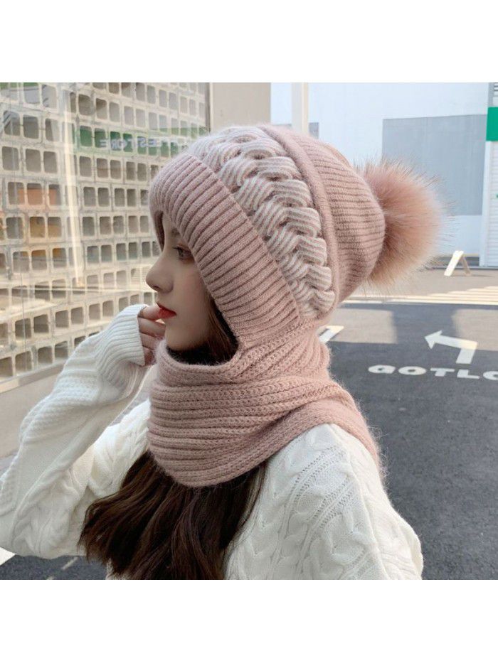 Winter hat for women plus fleece thickened warm ear-protection wool-knitted hat one scarf cover