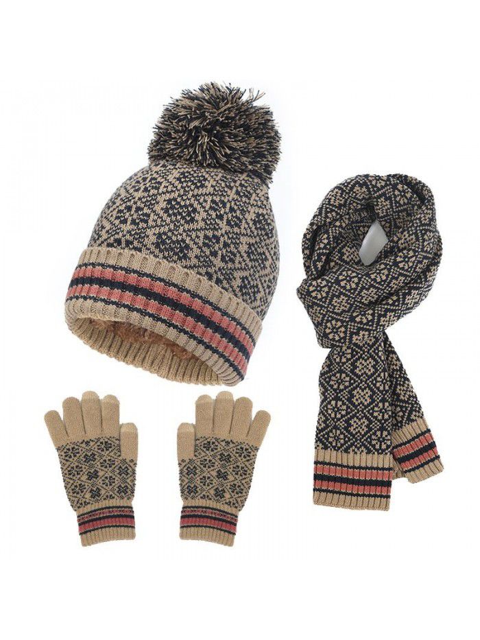 Jacquard knitted hat gloves scarf set women's autumn and winter outdoor winterproof hat three-piece set