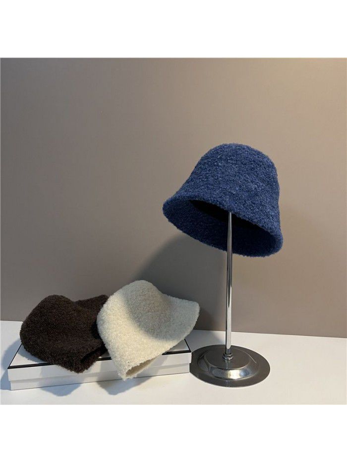 Simple solid color bucket hat ladies all casual plush basin hat show face lamb hair fisherman hat