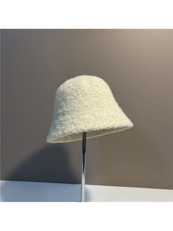 Simple solid color bucket hat ladies all casual plush basin hat show face lamb hair fisherman hat