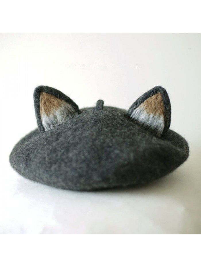 Parent-child Autumn/Winter Beret hat Sheep felt hat Handmade cat ears Painter hat Mushroom hat