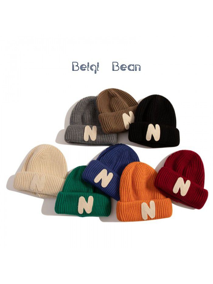 Children's hat Korean version of autumn/Winter N letter patch cloth knitted hat for boys and girls cute warm woolen hat