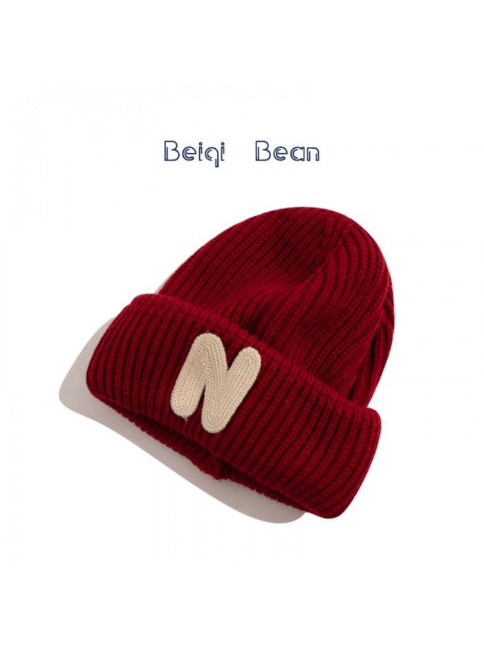 Children's hat Korean version of autumn/Winter N letter patch cloth knitted hat for boys and girls cute warm woolen hat