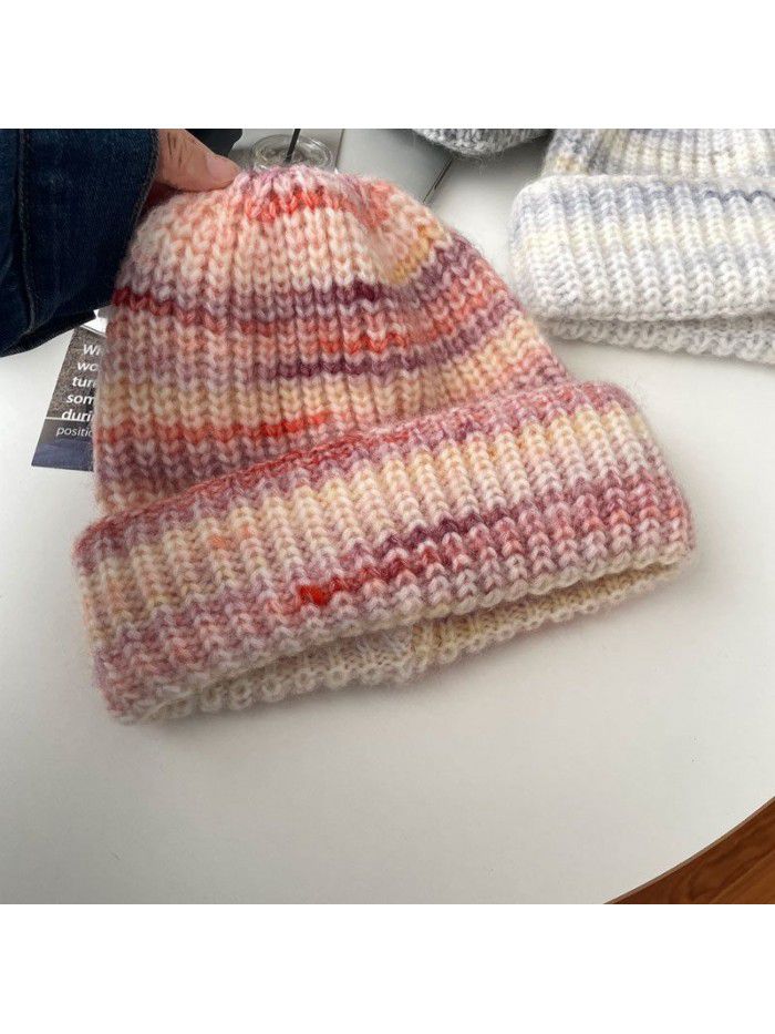 Gradient knitted woolen hat for women autumn-winter warm headwrap cold hat over hat tide