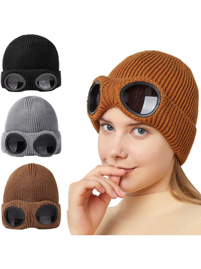 Fall and winter knitted wool hats and pilot glasses for both men and women