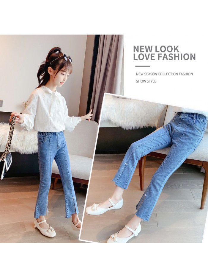 Spring and autumn pants girl jeans flared pants fashion spring thin mouth pearl split versatile fashion middle age 