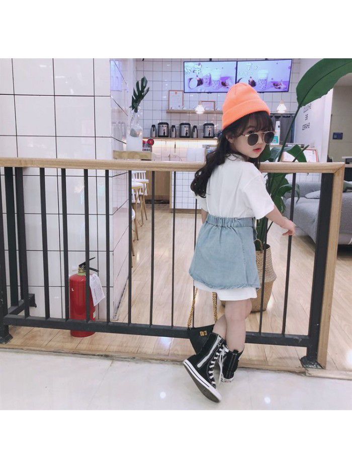  Short Sleeve T-Shirt Korean set children's casual top denim skirt two piece set 