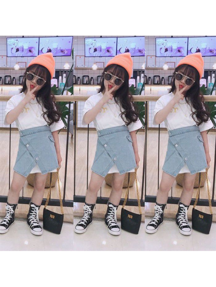  Short Sleeve T-Shirt Korean set children's casual top denim skirt two piece set 