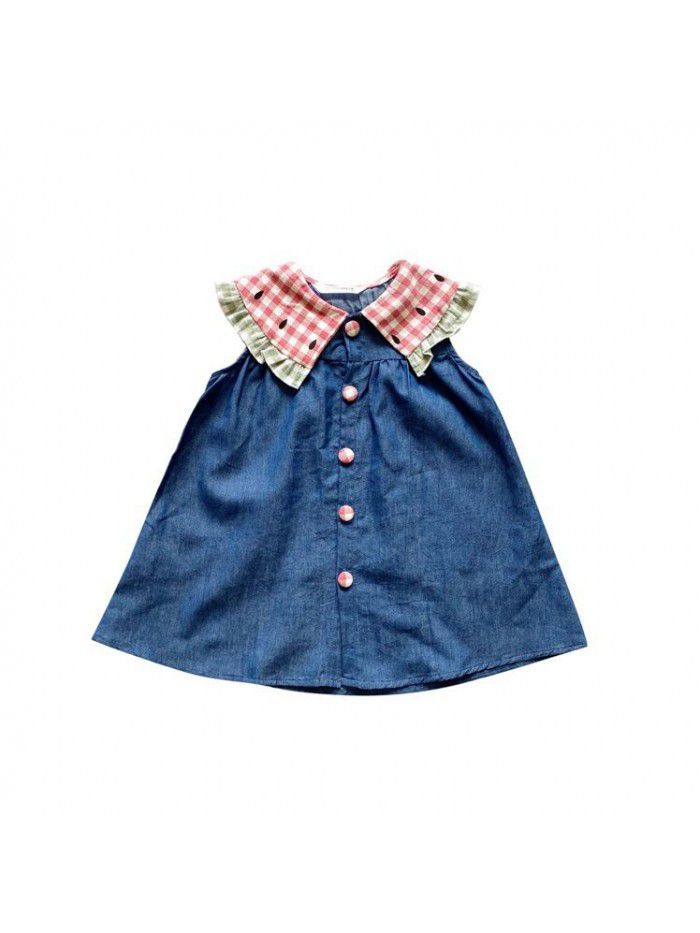 Girls skirt children cute cartoon Plaid Lapel pure dress denim skirt 20 summer new children's wear 