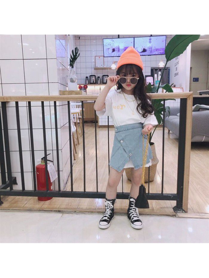  Short Sleeve T-Shirt Korean set children's casual top denim skirt two piece set 