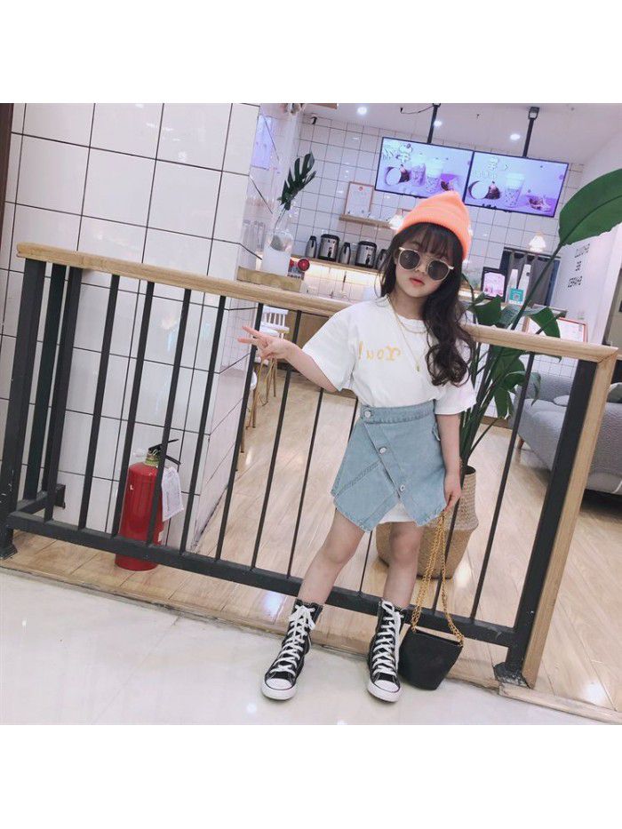  Short Sleeve T-Shirt Korean set children's casual top denim skirt two piece set 