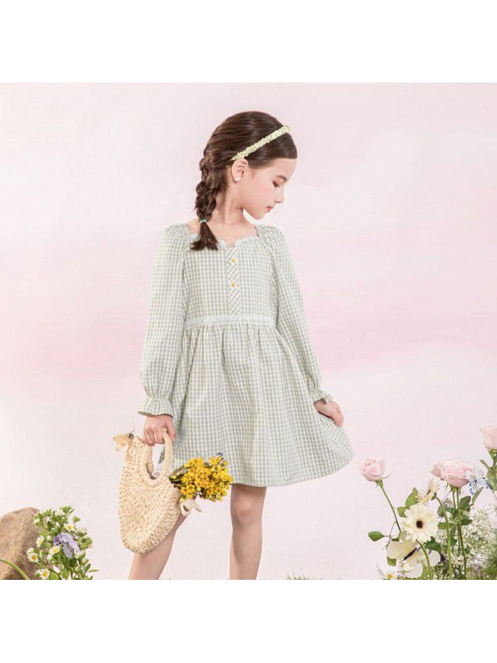 A new hair generation children's dress for spring  children's skirt lattice bubble sleeve girl's dress 