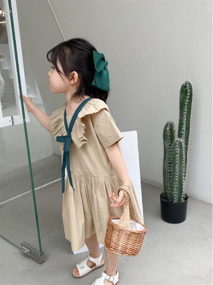 Dawenxi  summer new children's wear girl's small flying sleeve Pleated Dress temperament princess skirt bow 