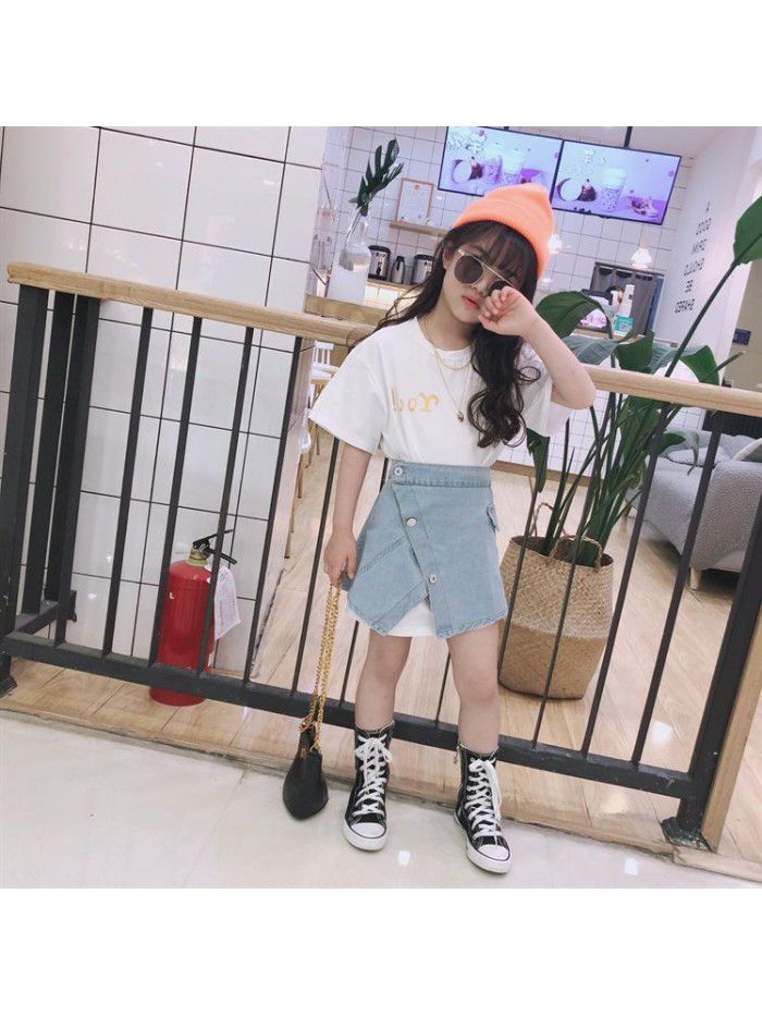  Short Sleeve T-Shirt Korean set children's casual top denim skirt two piece set 