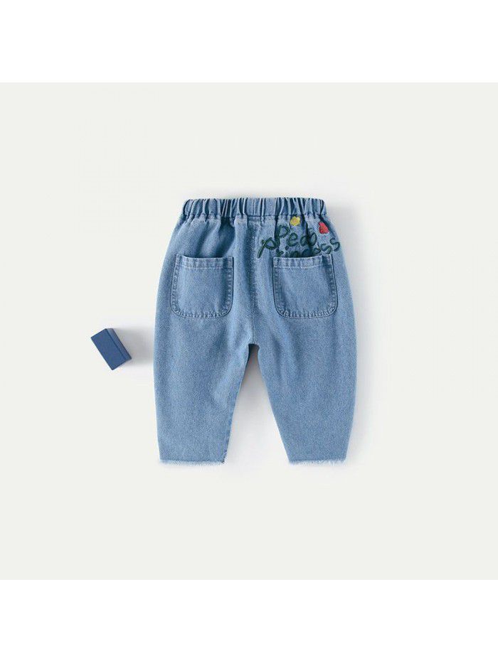 Amila children's new spring baby soft Jeans Girls' foreign style embroidery pants children's spring wear 