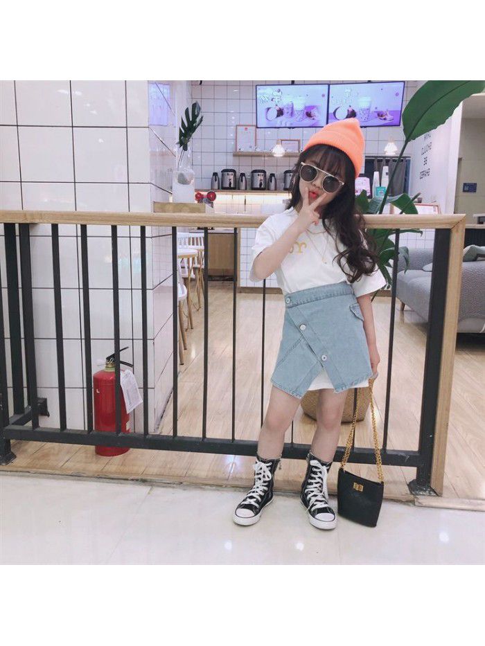  Short Sleeve T-Shirt Korean set children's casual top denim skirt two piece set 