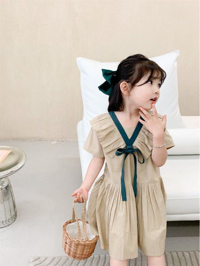 Dawenxi  summer new children's wear girl's small flying sleeve Pleated Dress temperament princess skirt bow 