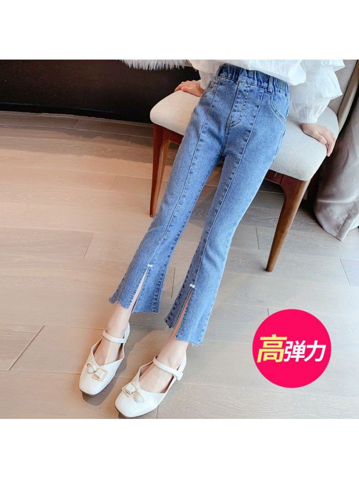 Spring and autumn pants girl jeans flared pants fashion spring thin mouth pearl split versatile fashion middle age 