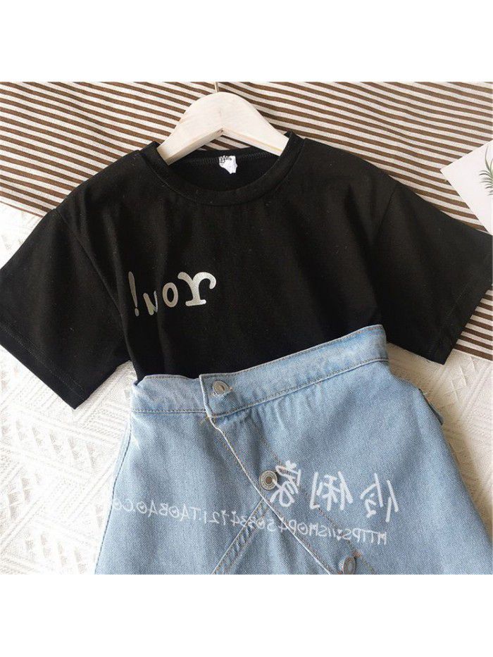  Short Sleeve T-Shirt Korean set children's casual top denim skirt two piece set 