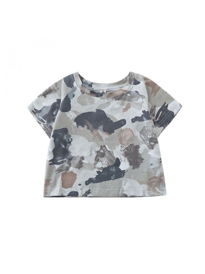 4564 boys' short sleeve  new foreign style summer wear children's Korean camouflage round neck T-shirt middle and small children's half sleeve T-shirt 