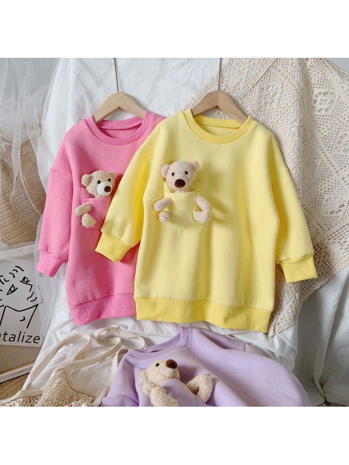 Girls' autumn dress  Korean bear sweater children's pocket loose top girl's round neck long sleeve Pullover 