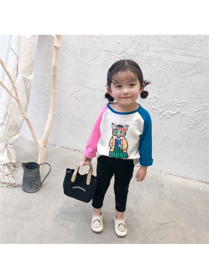 Girls' T-shirt spring and autumn children's top long sleeve cartoon cat a ready to go children's clothing 