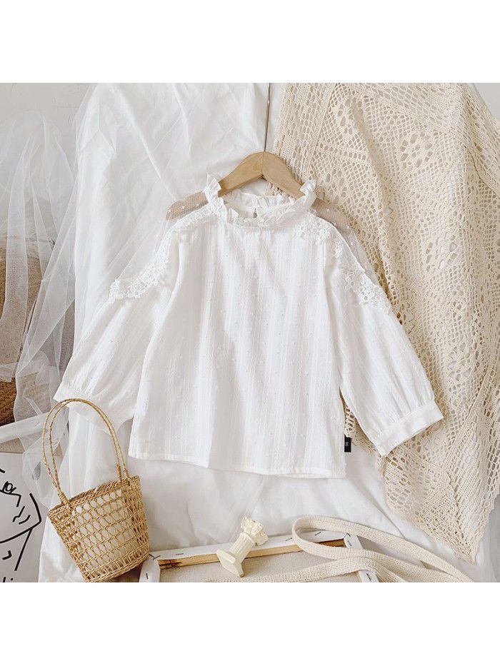 Girls'  spring new children's Korean shirt lace splicing fashion baby long sleeve top wholesale 