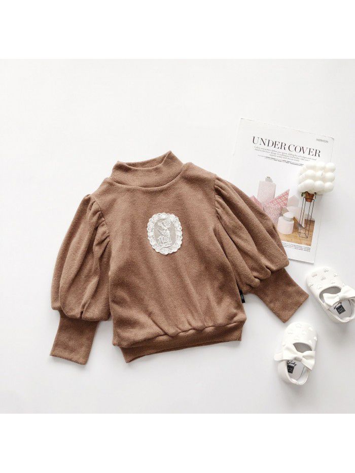 Girls' base shirt autumn and winter  new style girl's high collar Korean foam sleeve Plush thickened top 