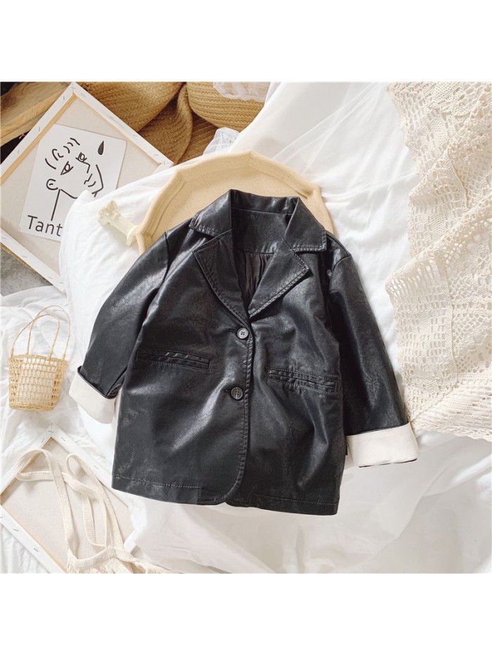 Children's coat  autumn new Korean girl's leather suit collar girl's leather jacket fashion 