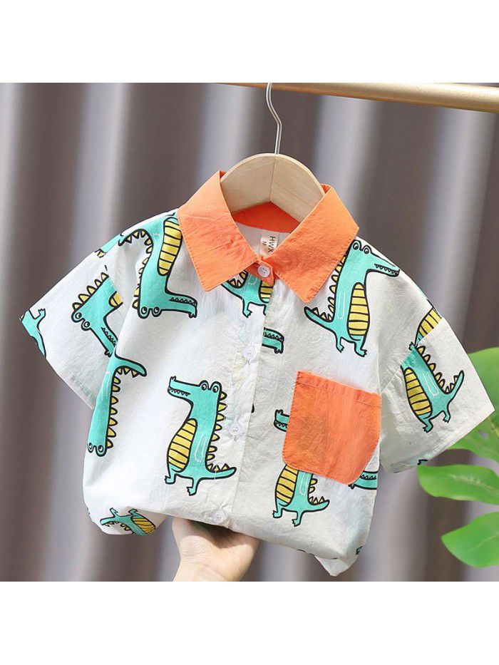 1652 boys' short sleeve shirt  summer new children's half sleeve top baby summer thin cartoon shirt 