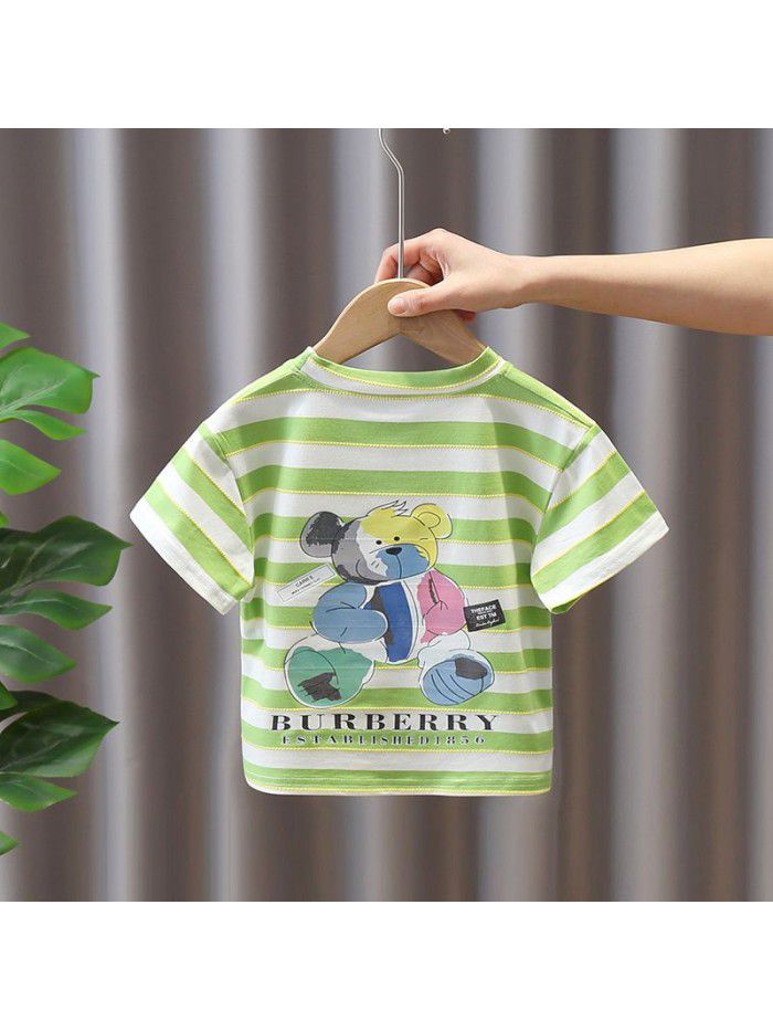 1589 girls' Summer Boys'  new T-shirt 6 children's short sleeve round neck cartoon stripe T-shirt 3-5 years old 