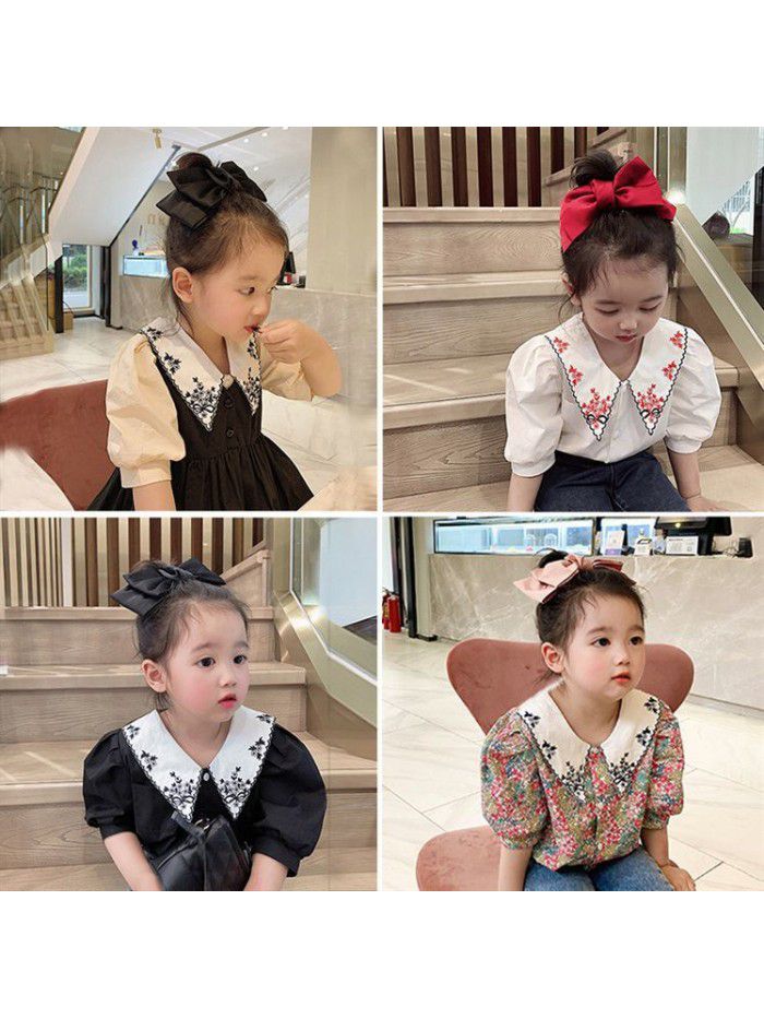 Children's clothing  summer girls' net red baby shirt baby's foreign style bubble sleeve embroidered shirt Korean version Lapel shirt 