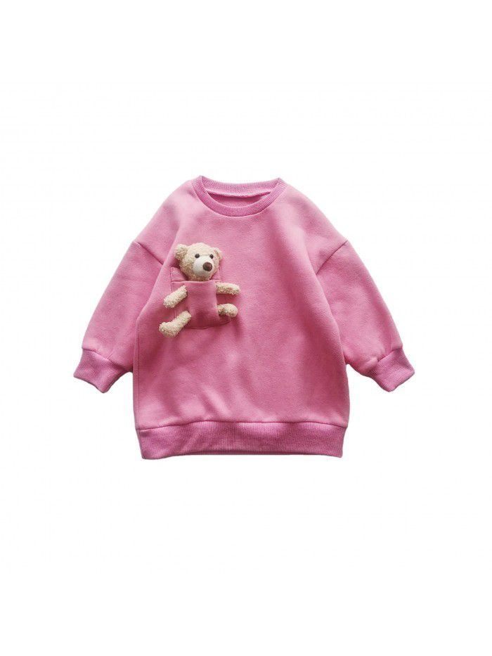 Girls' autumn dress  Korean bear sweater children's pocket loose top girl's round neck long sleeve Pullover 