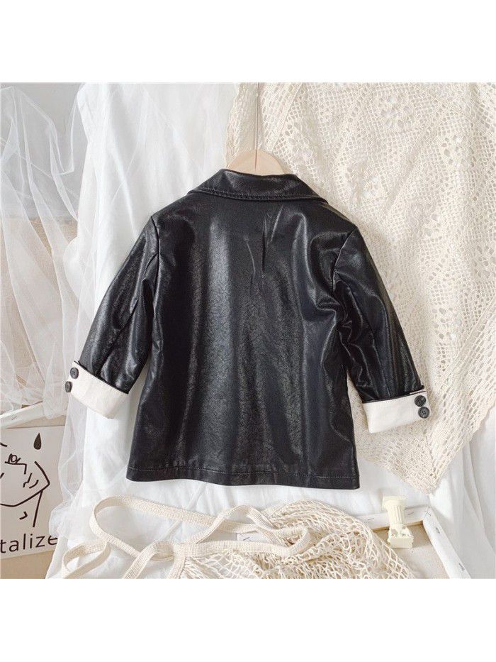 Children's coat  autumn new Korean girl's leather suit collar girl's leather jacket fashion 