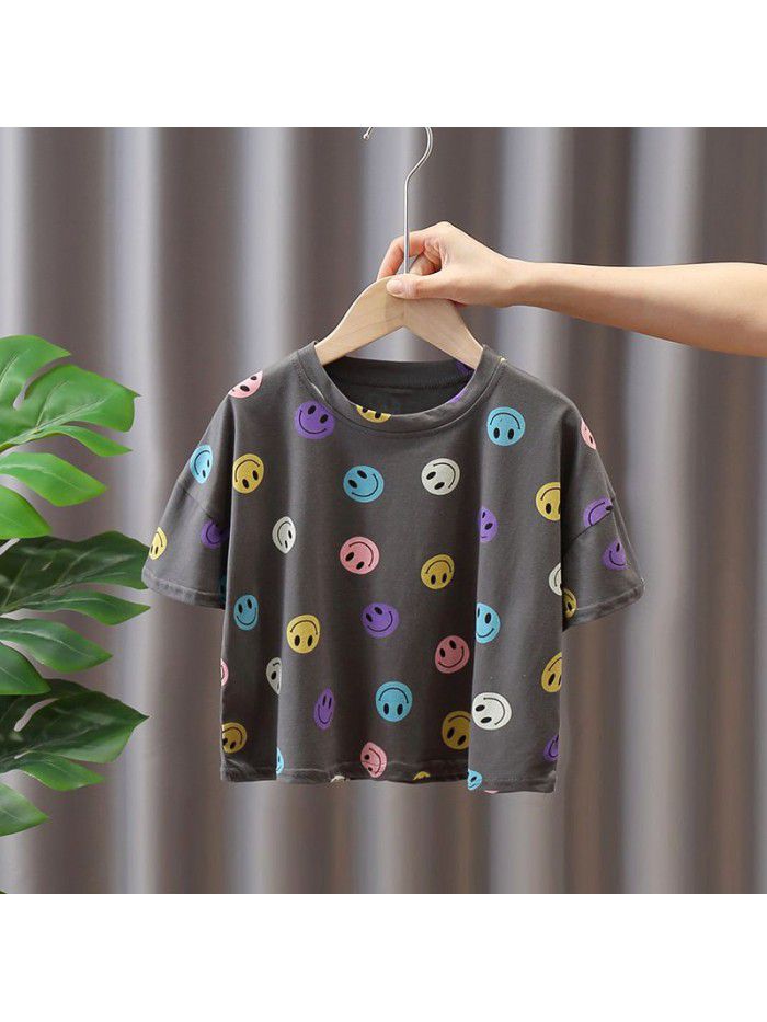 1584 children's boys' short sleeve smile T-shirt  new summer 6 middle and small girls' summer clothes half sleeve children's clothes 