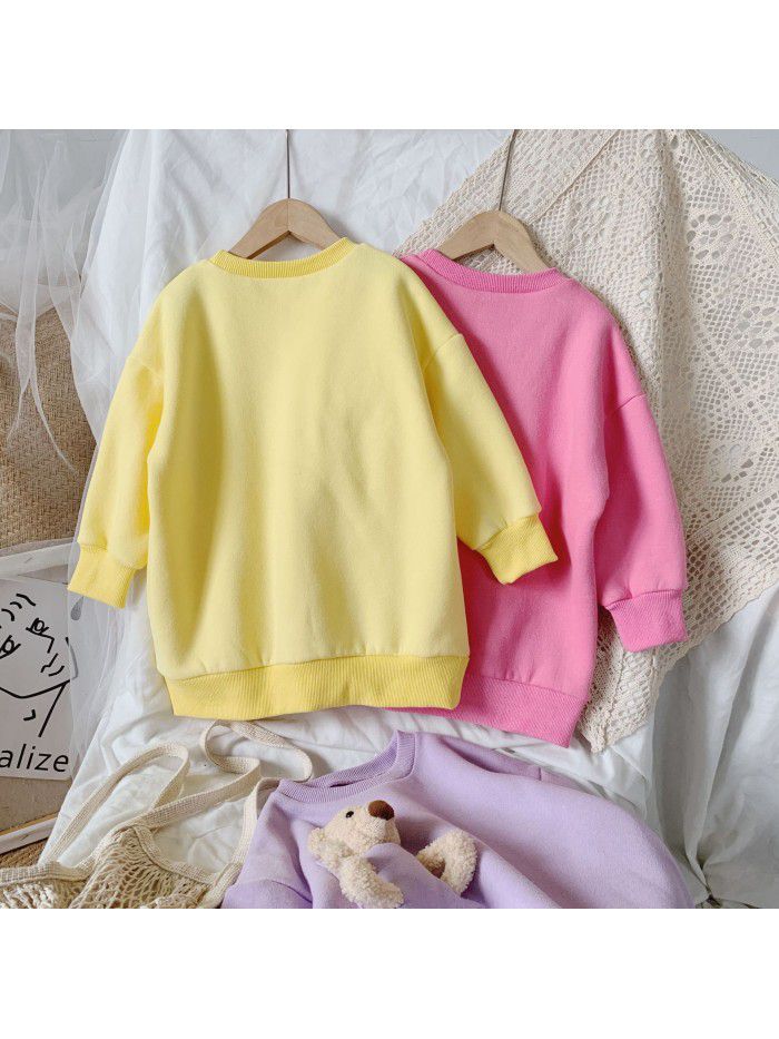 Girls' autumn dress  Korean bear sweater children's pocket loose top girl's round neck long sleeve Pullover 