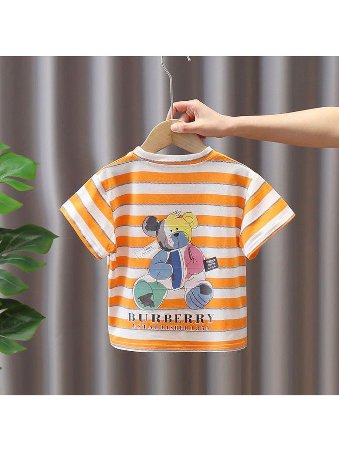 1589 girls' Summer Boys'  new T-shirt 6 children's short sleeve round neck cartoon stripe T-shirt 3-5 years old 