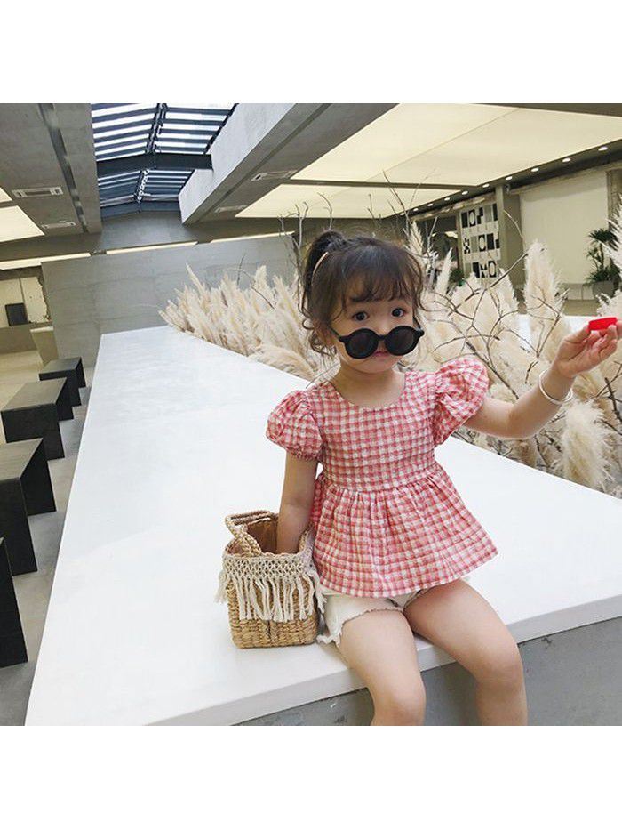 Children's summer baby girls' short sleeve Korean lovely baby shirt flying sleeve children's Plaid wholesale top 