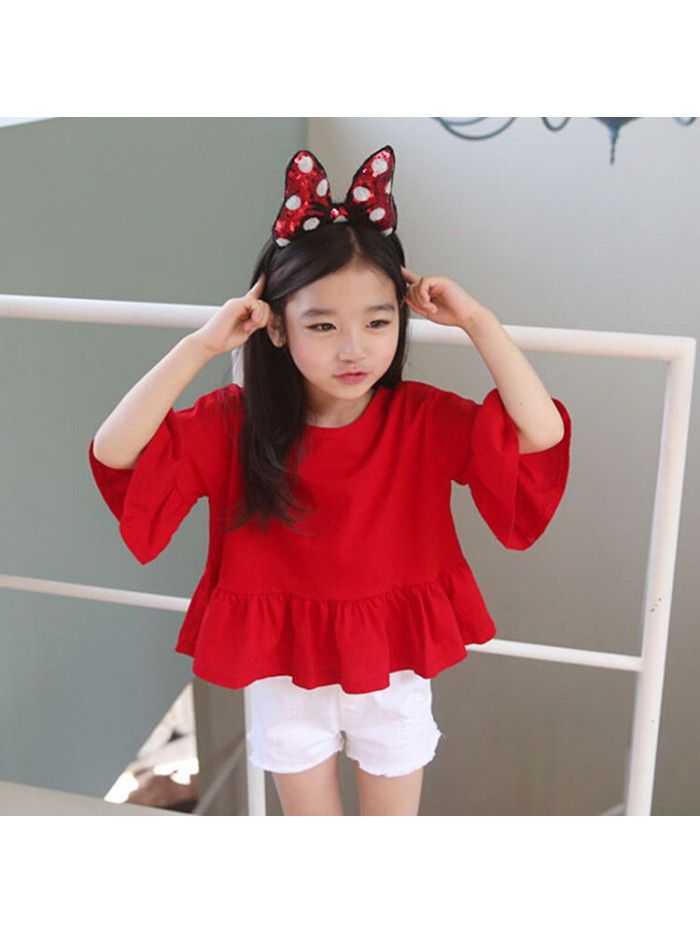 New spring and summer Korean children's wear big red trumpet middle sleeve top children's odel cotton T-shirt hair A186 