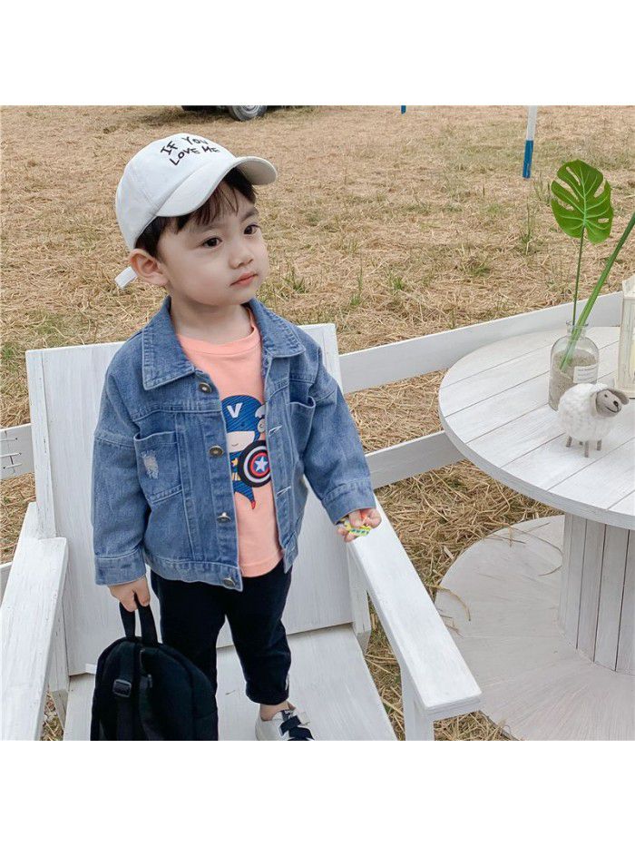 Baby jeans jacket spring and autumn new pure color boys' top baby boomer children's clothing wholesale ia917 