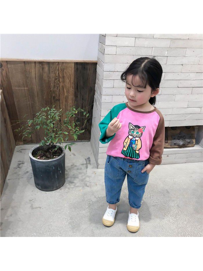 Girls' T-shirt spring and autumn children's top long sleeve cartoon cat a ready to go children's clothing 