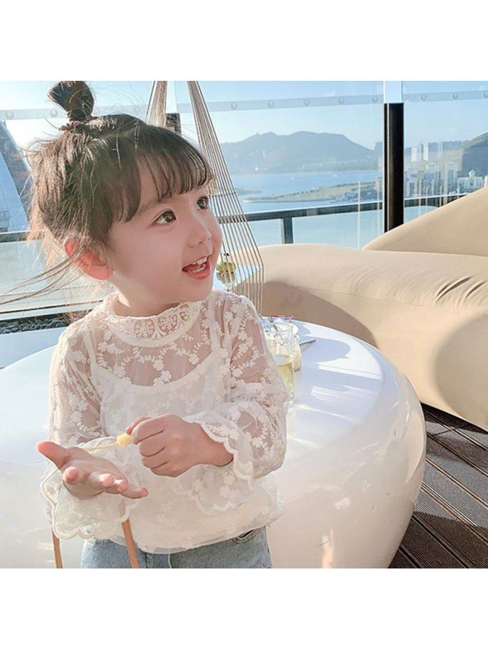 Children's LACE VEST two piece set  summer new fashion foreign style suspender shirt embroidered sunscreen shirt x53956 