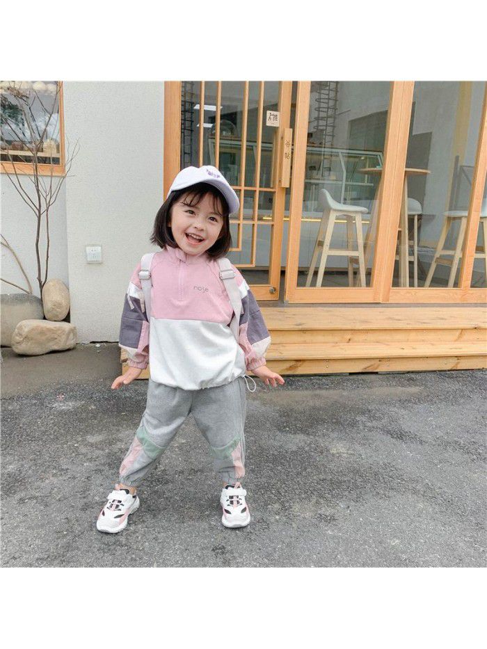 Girls' color matching coat  new Korean autumn baby's top long sleeve children's stand collar Pullover 