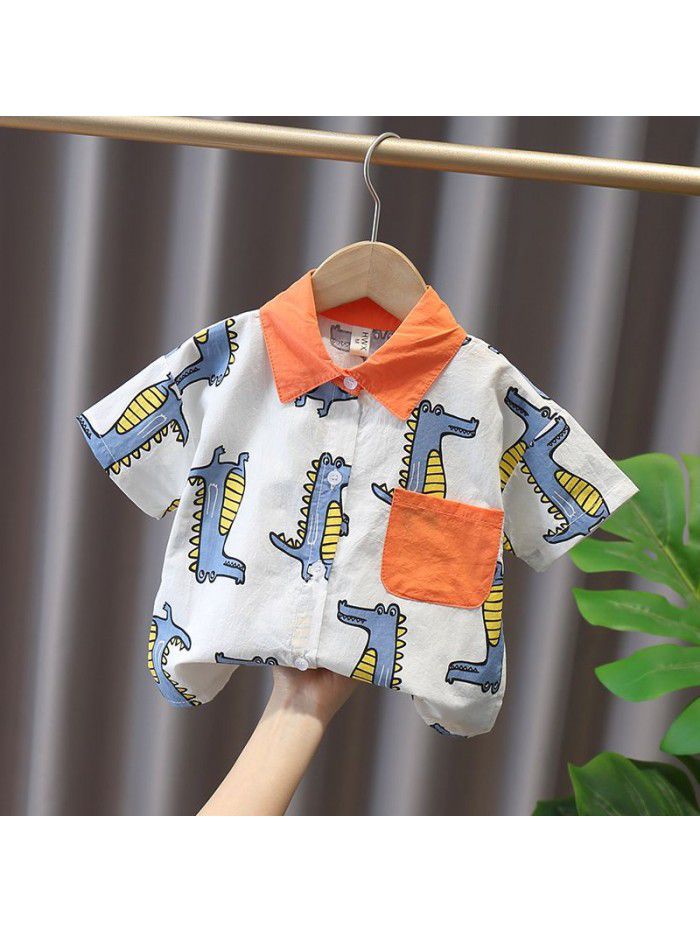 1652 boys' short sleeve shirt  summer new children's half sleeve top baby summer thin cartoon shirt 