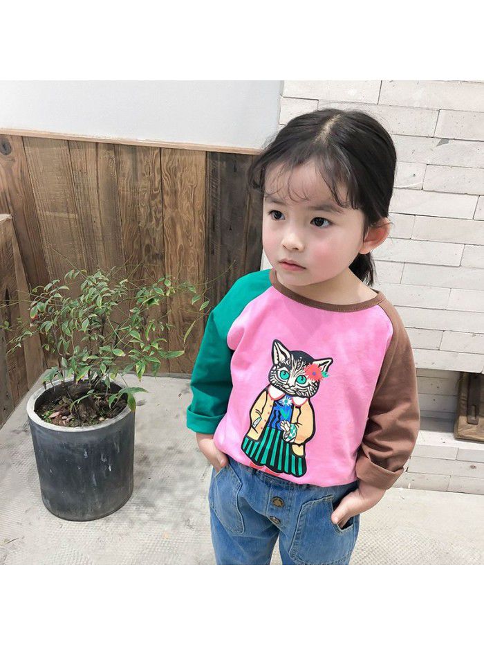 Girls' T-shirt spring and autumn children's top long sleeve cartoon cat a ready to go children's clothing 