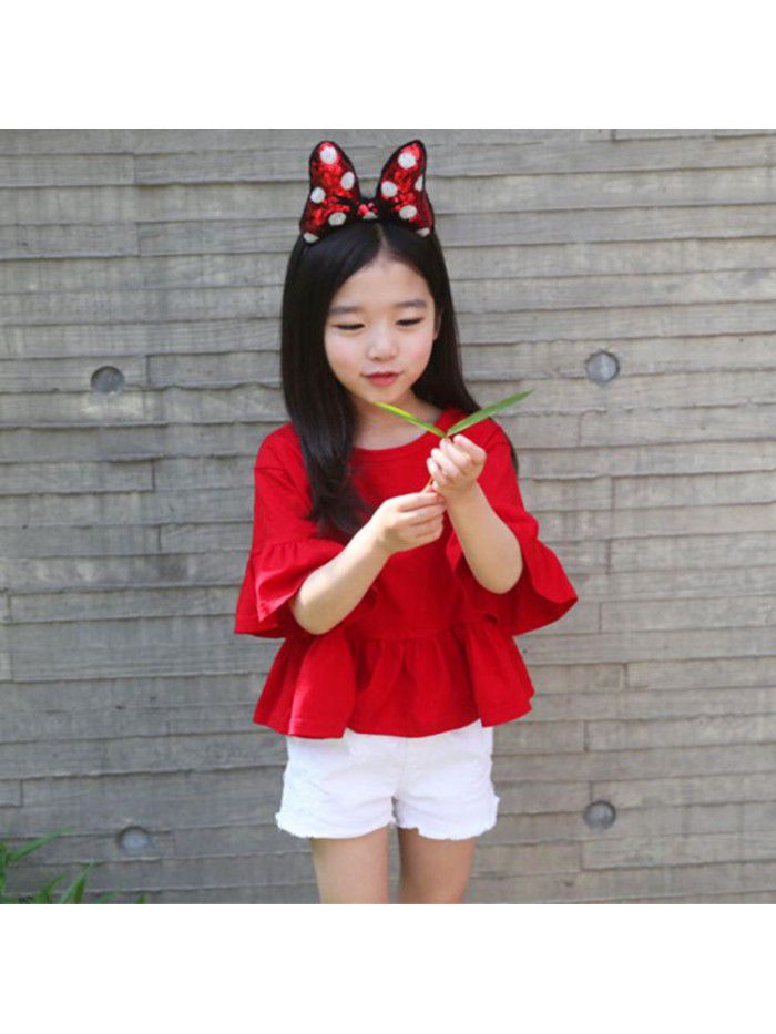 New spring and summer Korean children's wear big red trumpet middle sleeve top children's odel cotton T-shirt hair A186 