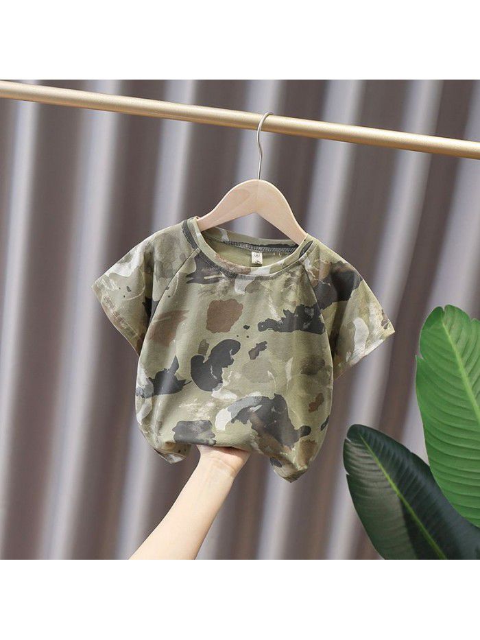 4564 boys' short sleeve  new foreign style summer wear children's Korean camouflage round neck T-shirt middle and small children's half sleeve T-shirt 