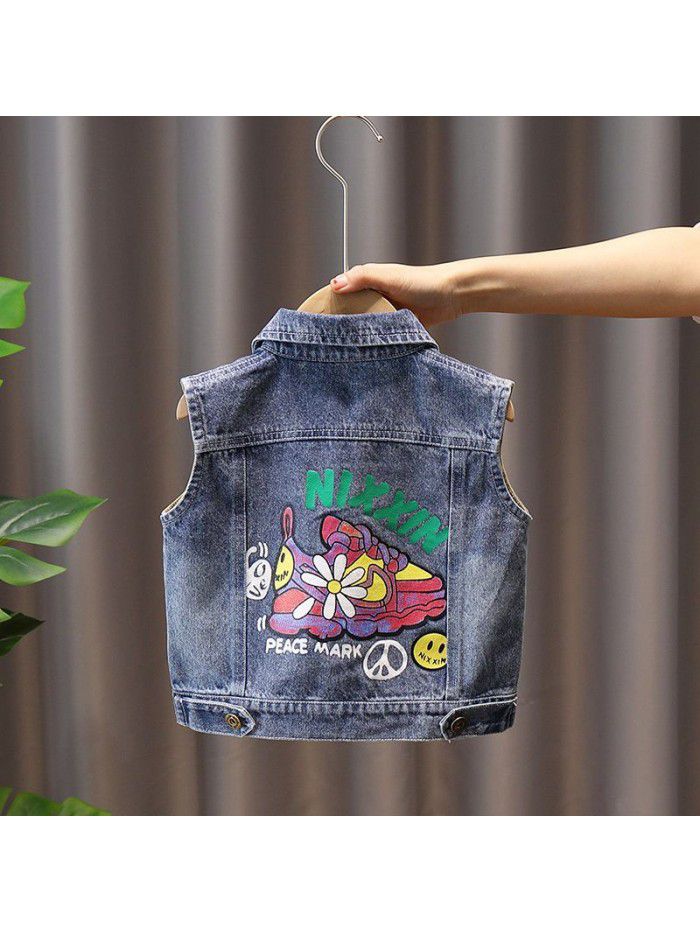 4864 baby jeans vest  new boy cartoon baby spring clothes children's clothes children's foreign style clothes 